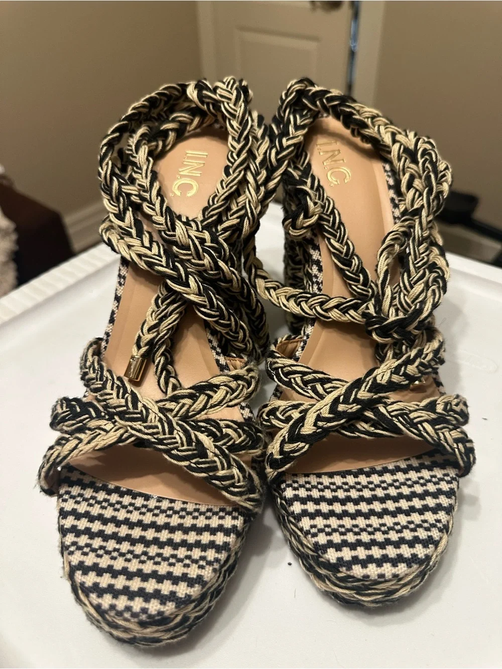 INC Braided Platform Ankle-Tie High Heel Sandal in Black & Beige
